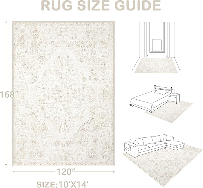 10x14 Area Rugs for Living Room: Washable Rug Vintage Large Rugs Soft Non Slip Low Pile Rug Floral Distressed Floor Carpet for Bedroom Nursery Dining Room Home Office (Beige,10'x14')