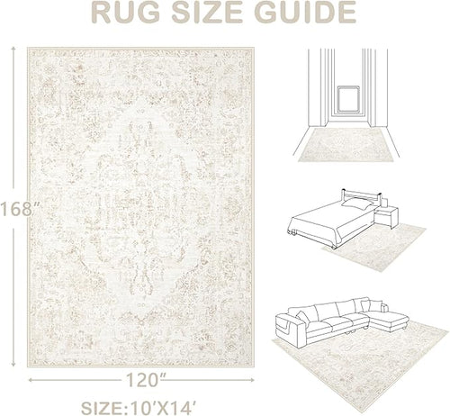 10x14 Area Rugs for Living Room: Washable Rug Vintage Large Rugs Soft Non Slip Low Pile Rug Floral Distressed Floor Carpet for Bedroom Nursery Dining Room Home Office (Beige,10'x14')