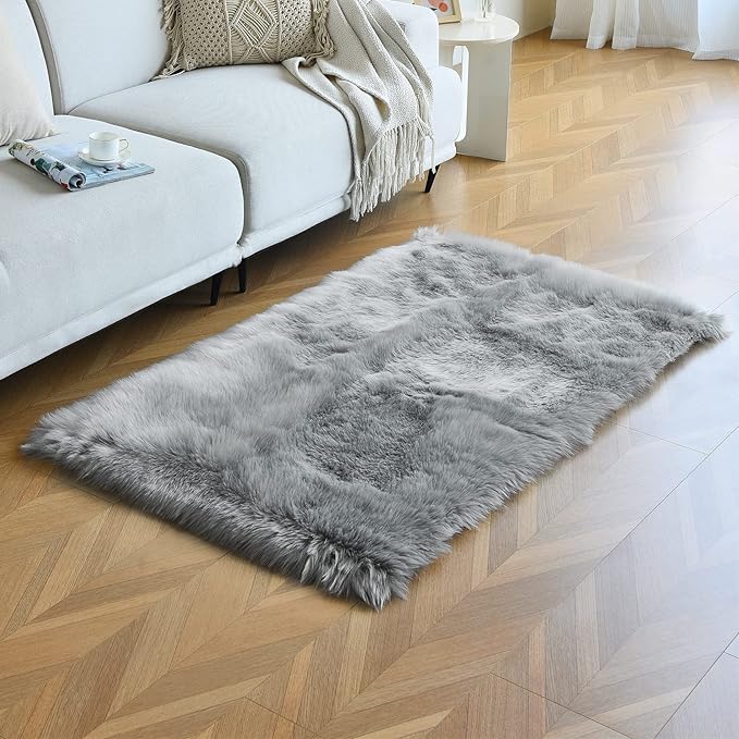 duduta Grey Faux Sheepskin Fur Rug 3x5 ft, Fluffy Shag Bedroom Dorm Nursery Playroom Carpet Rug Non Slip Washable