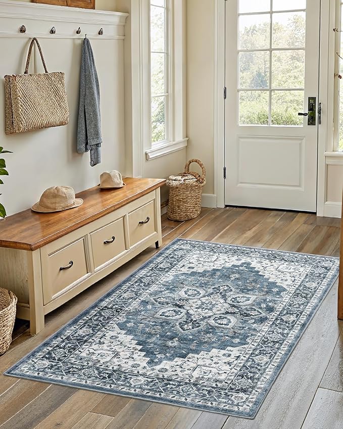 AMADA HOMEFURNISHING 4x6 Washable Area Rug, Low-Profile Entryway Rug with Non-Slip Backing & Durable Edge Binding, Vintage Rugs for Bedroom, Entryway & Kitchen