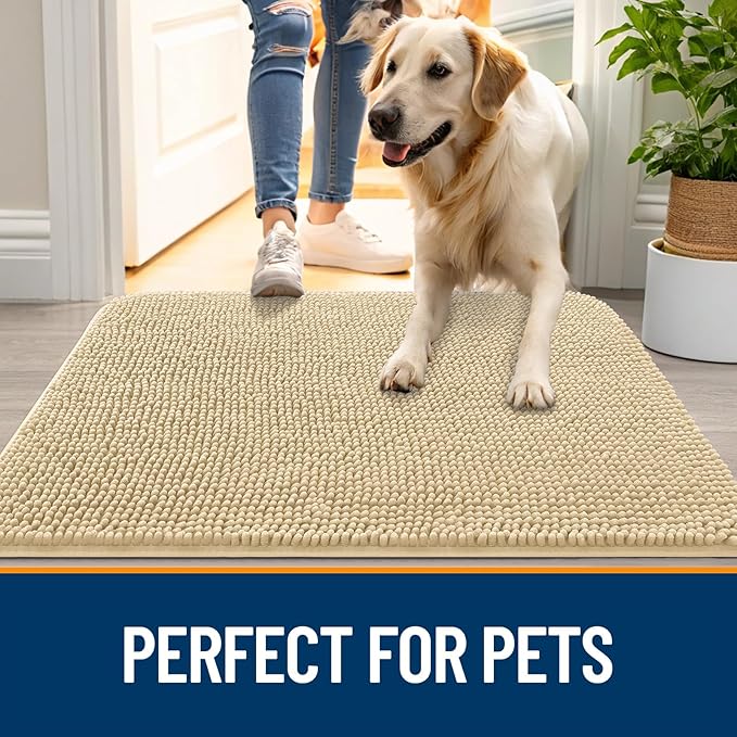 OLANLY Dog Door Mat for Muddy Paws 47x32, Absorbs Moisture and Dirt, Absorbent Non-Slip Washable Doormat, Quick Dry Chenille Mud Mat for Dogs, Entry Indoor Entryway Carpet for Inside Floor, Sand