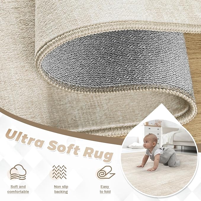 Area Rugs 10x14 Living Room: Washable Rug Modern Abstract Neutral Soft Non-Slip Low-Pile Indoor Large Carpet for Bedroom Dining Room Playroom Home Office (Beige, 10'x14')
