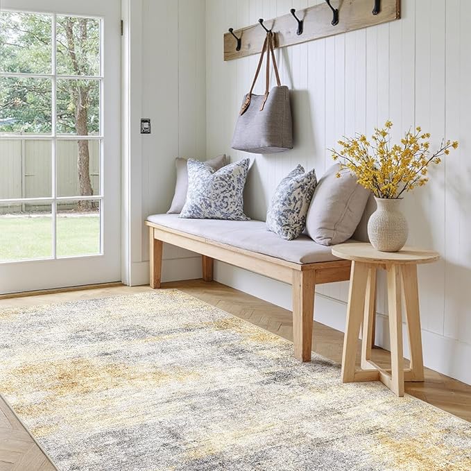 3x5 Washable Entryway Area Rug: Modern Abstract Small Runner Rug Indoor Soft Non Slip Rug for Living Room Low Pile Thin Floor Carpet for Kitchen Dining Room Bedroom Home Office Decor(3x5,Grey/Yellow)