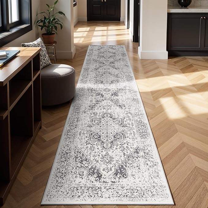 3x14 Washable Hallway Runner Rug - Non Slip Kitchen Runner Rugs with Rubber Backing Vintage Low-Pile Carpet Runners for Entryway Dining Room Laundry Room Home Decor (Distessed Grey)