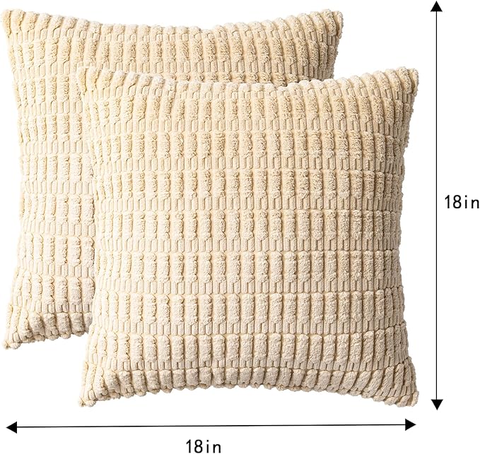 Pack of 2 Corduroy Decorative Throw Pillow Covers 18x18 InchSoft Boho Striped Pillow Covers Modern Farmhouse Home Decor for Sofa Living Room Couch Bed(Beige)