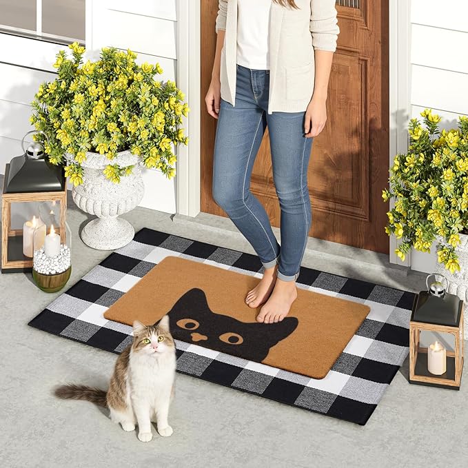 UINI Welcome Door Mat Combo Set, 28" x 43" Black and White Plaid Mat +17" x 30" Cat Welcome Mat, 2 PCS Doormat Set for Front Door, Entrance, Porch Decor, Non-Slip