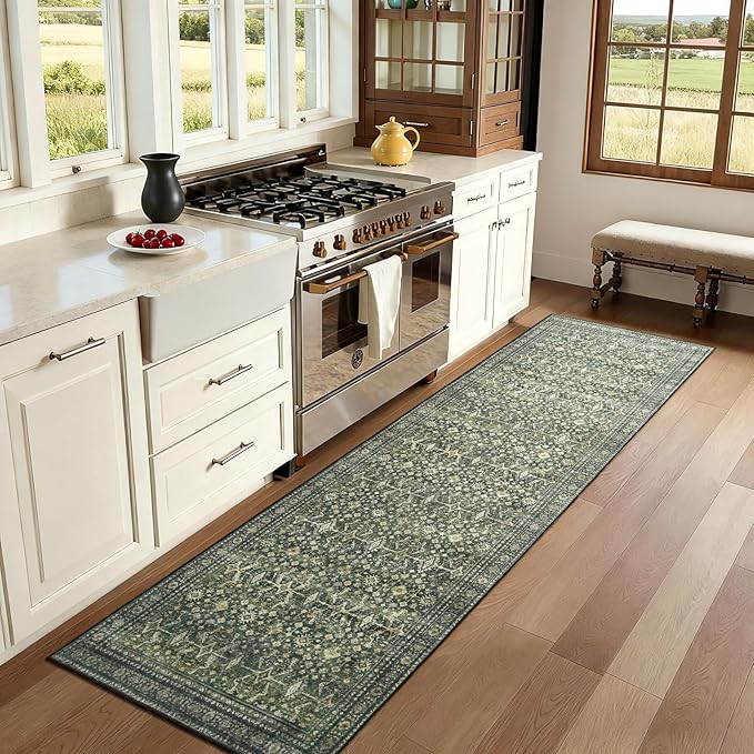 Lofus 2X 6 Area Rug, Green Washable Runner Rugs for Hallways with Non Slip Rubber Backing, Low Pile Soft Carpet Runner for Kitchen Bathroom Bedroom Laundry