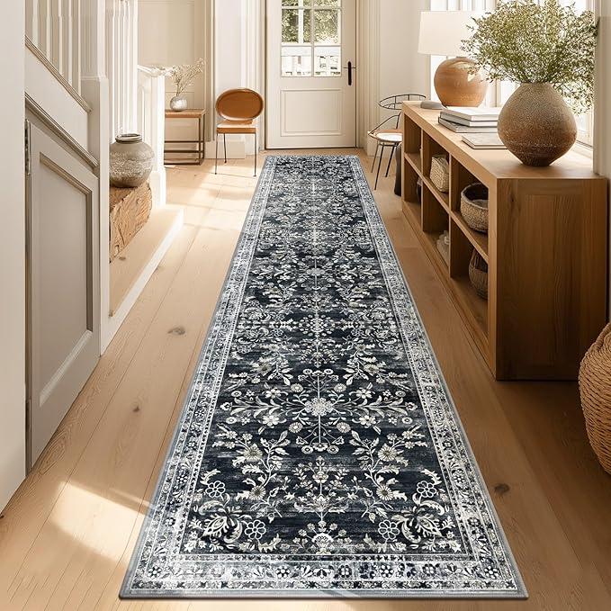Yamaziot Washable Runner Rug 2x10 – Non Slip Boho Floral Hallway Runner Rug with Rubber Backing, Low Pile Faux Wool Distressed Carpet for Kitchen, Laundry, Bedroom, Entrance, Navy/Black