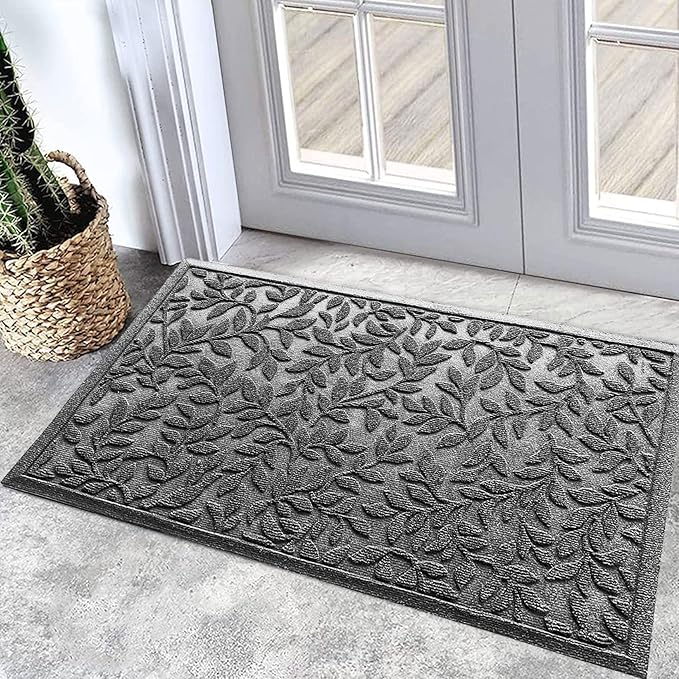 Bulijojo Sturdy Front Entrance Doormats,Durable Heavy Duty Welcome Mat,Thick Absorbent Natural Rubber Non Slip Mat,Easy Clean Entryway Mat Leaves Grey 23"x35"