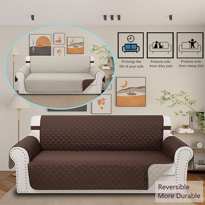 Reversible Oversized Sofa Covers Couch Cover Furniture Protector for Dogs Elastic Straps Water Resistant(XLSofa,Chocolate/Beige)