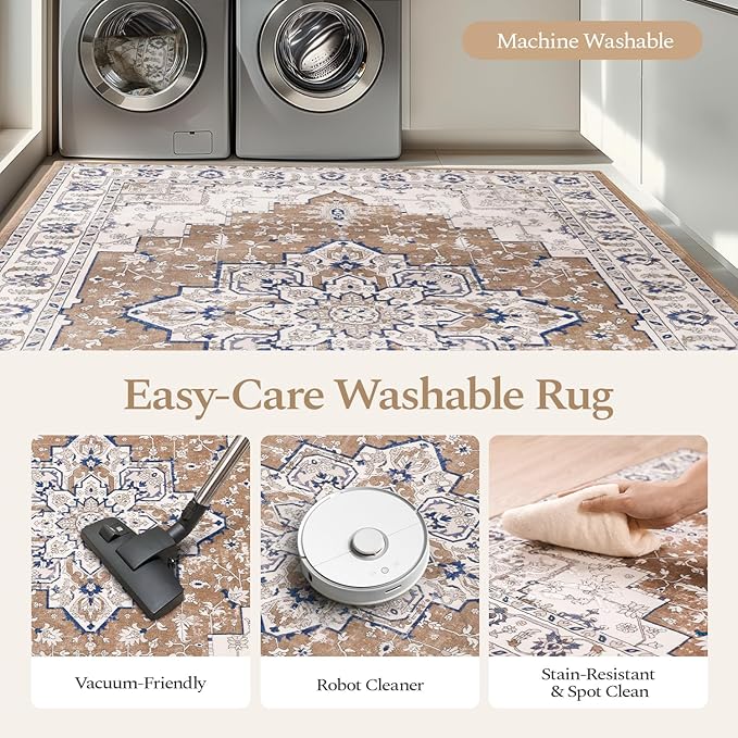 Rugflix 9x12 Area Rug for Living Room, Vintage Washable Area Rug Non Slip Backing Low Pile, Floral Soft Foldable Carpet for Bedroom Dining Room, Brown/Beige