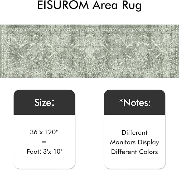 Hallway 3x10 Runner Rug - Vintage Non-Slip Long Rug Low-Pile Washable Medallion Runner Rugs for Hallway Waterproof Traditional Runner Rug Indoor Thin Rug for Kitchen (Muted Sage Green)