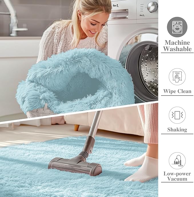 OLANLY 8x10 Machine Washable Large Area Rugs for Living Room, Bedroom, Soft Fluffy Shaggy Bedside Rug, Indoor Floor Carpet for Kids Girls and Boys, Dorms, Nursery, Home Decor Aesthetic, Light Blue