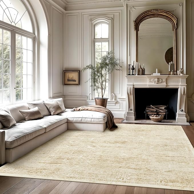 Soalmost Washable Area Rug 8x10, Large Soft Rugs for Living Room Vintage Beige 8x10 Area Rugs for Bedroom Dining Room Floral Non-Slip Thin Rug