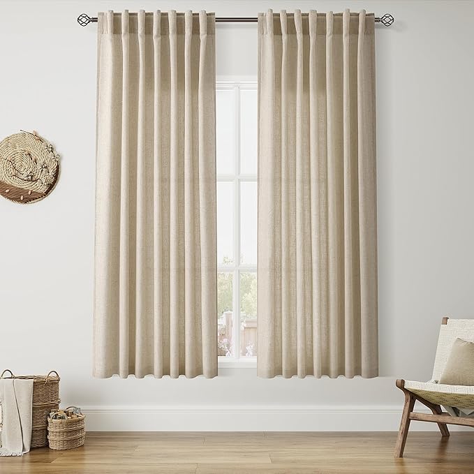 Nanspring Taupe Burlywood Curtains 63 Inch Length for Living Room Linen Semi Sheer Country Farmhouse Decor Curtains Back Tab Privacy Light Filtering Semi Sheer Curtain for Bedroom 52x63, 2 Panels