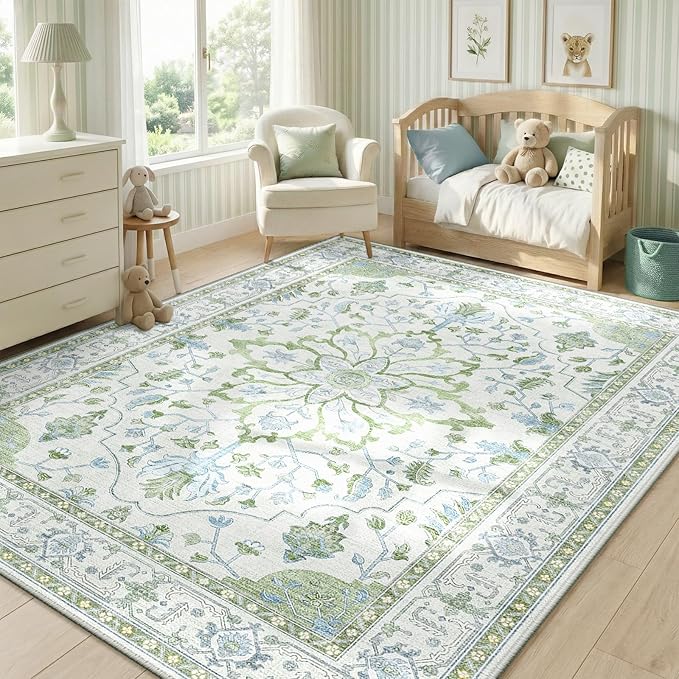 RELEANY Area Rugs 5'x7' Washable Non-Slip, Floral Vintage Distress Print Pattern Medallion Carpet for Living Room Bedroom Dining Room, Green White Blue