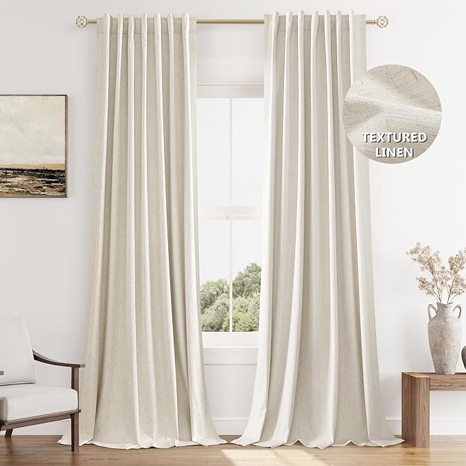 Guken 100% Blackout Linen Curtains 144 Inch Length 2 Panels Set for Living Room Bedroom Back Tab Thermal Insulated Black Out Drapes Room Darkening Farmhouse Window Curtains 144 Inches Long