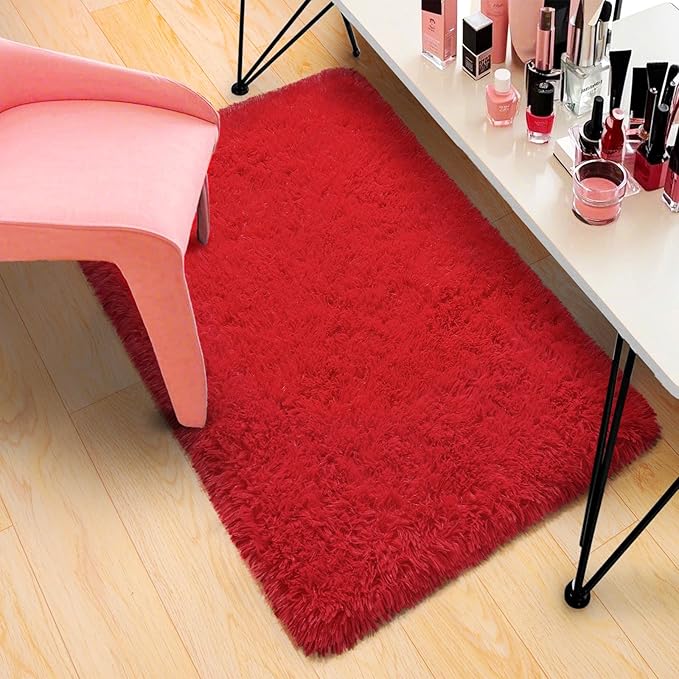 Pionblank Fluffy Small Rug for Bedroom 2x3 Feet, Shag Soft Area Rug for Bedside, Modern Plush Cute Carpet for Kids Girls Boys Room Nursery Decor, Red