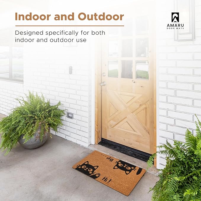 Hi-Bye Cat - 24"x36" - Coir Door Mat with Heavy Duty Backing - Welcome Mats for Entryway, Porch - Anti-Slip PVC & Coconut Fiber Surface - Natural Home Accessories, Minimalist Original Design