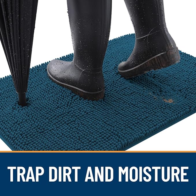 OLANLY Dog Door Mat for Muddy Paws 45x27, Absorbs Moisture and Dirt, Absorbent Non-Slip Washable Doormat, Quick Dry Chenille Mud Mat, Entry Indoor Entryway Carpet for Inside Floor, Atlantic Blue