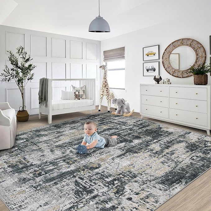 XLUEZ 8x10 Area Rugs for Living Room, Washable Modern Abstract Large Area Rug Neutral Soft Non Slip Kids Rug Stain Resistant Indoor Carpet for Bedroom Nursery Dining Room Office(BlackGreyGold, 8'x10')
