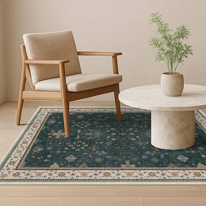 Hazo Haus Dark Green 4x6 Living Room Rug - Modern Vintage Boho Floral Forest, Washable Low Pile Non-Slip Area Rugs for Door Mat Entrance, Mudroom, Kitchen, Bedroom Beside Bed, Office
