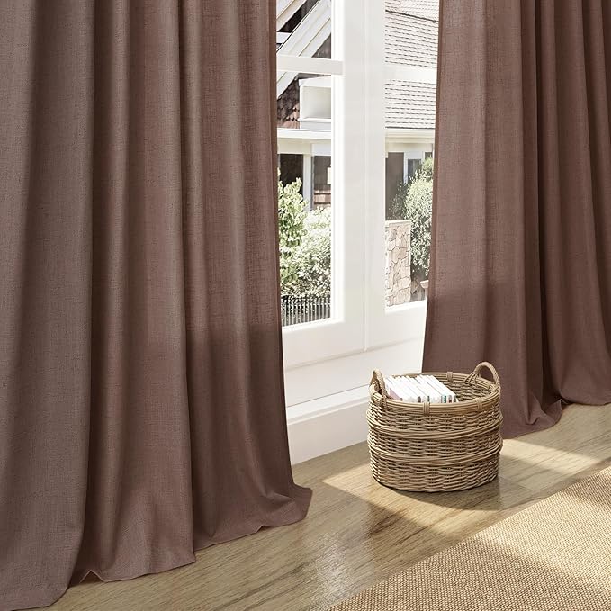 Nanspring Mocha Mousse Curtains 96 Inch Long 2 Panel Set Back Tab Rod Pocket Linen Textured Light Filtering Linen Textured Boho Aesthetic Room Decor for Bedroom and Living Room 8Ft 52x96 Inch
