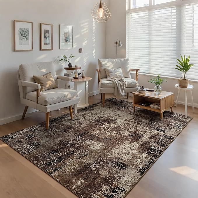 Ompaa Living Room Rug 5x7 Brown Area Rug Machine Washable Boho Coffee Rug Non Slip Abstract Vintage Indoor Large Rugs for Bedroom, Classroom, College Dorm, Farmhouse, Dining Room, Kids Playroom