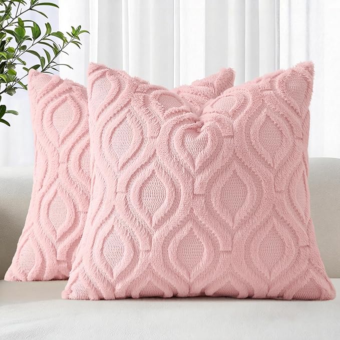 decorUhome Throw Pillow Covers 16x16 Inch Set of 2, Soft Plush Faux Wool Pink Solid Couch Pillow Covers, Accent Farmhouse Neutral Square Pillow Cases for Sofa Bed Living Room