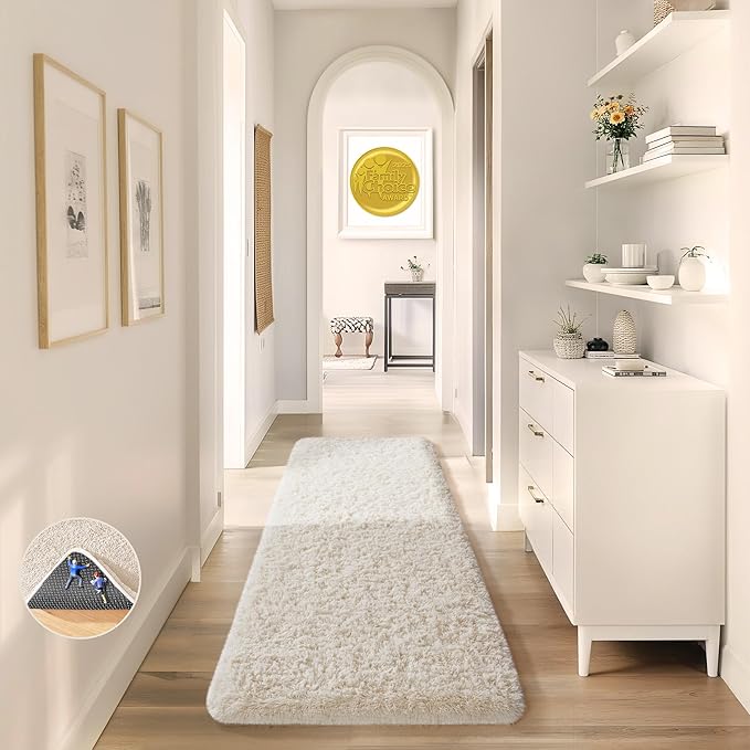 Ophanie 2x8 Runner Rug for Hallway, Upgrade Non-Slip Fluffy Soft Bedside Rugs, Bedroom Living Room Ivory Shaggy Carpet for Kids Girls Boys Dorm Nursery Home Decor Aesthetic