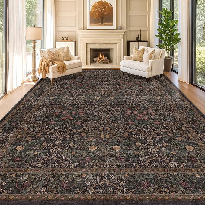 Hazo Haus Dark Brown 10x14 Area Rugs for Living Room - Extra Large Vintage Western Unique Neutral Floral, Washable Low Pile Non-Slip Soft Thin Area Rug for Dining Under Table, Bedroom Under Bed