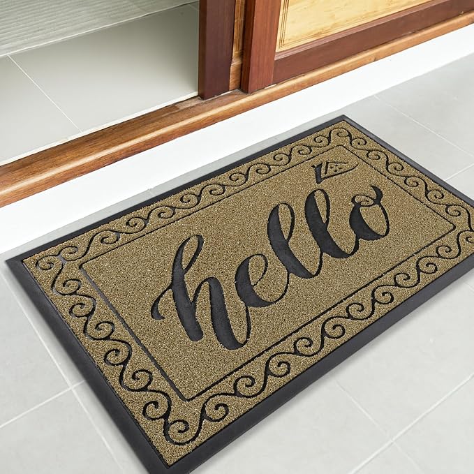 Yimobra Welcome Mats for Front Door 29.5x17, Heavy Duty Waterproof Outdoor Door Mat Outside Entrance, Non-Slip Low Profile Indoor Entryway Mat for Garage Patio, Beige Brown