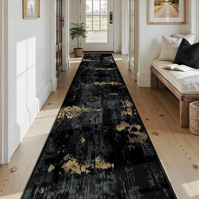 Washable Area Rugs 2'6'' x14 Non-Slip Modern Abstract Soft for Living Room Entryway Bedroom Nursery, Print Pattern, Dark Black Gold