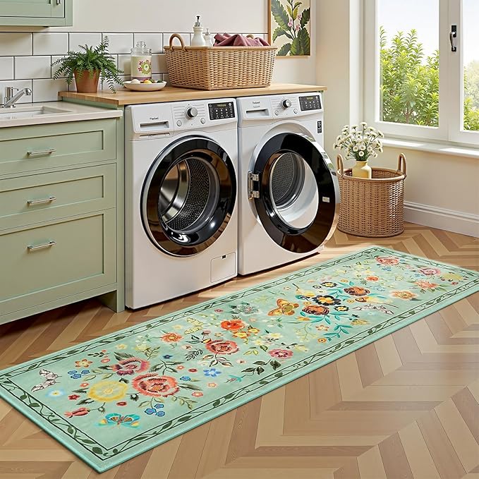 Rugflix 2x6 Runner Rug for Hallway, Washable Kitchen Runner Non Slip, Soft Low Pile Entryway Carpet, Vintage Floral Stain Resistant Long Laundry Room Rugs for Bedroom, Stairs, Green