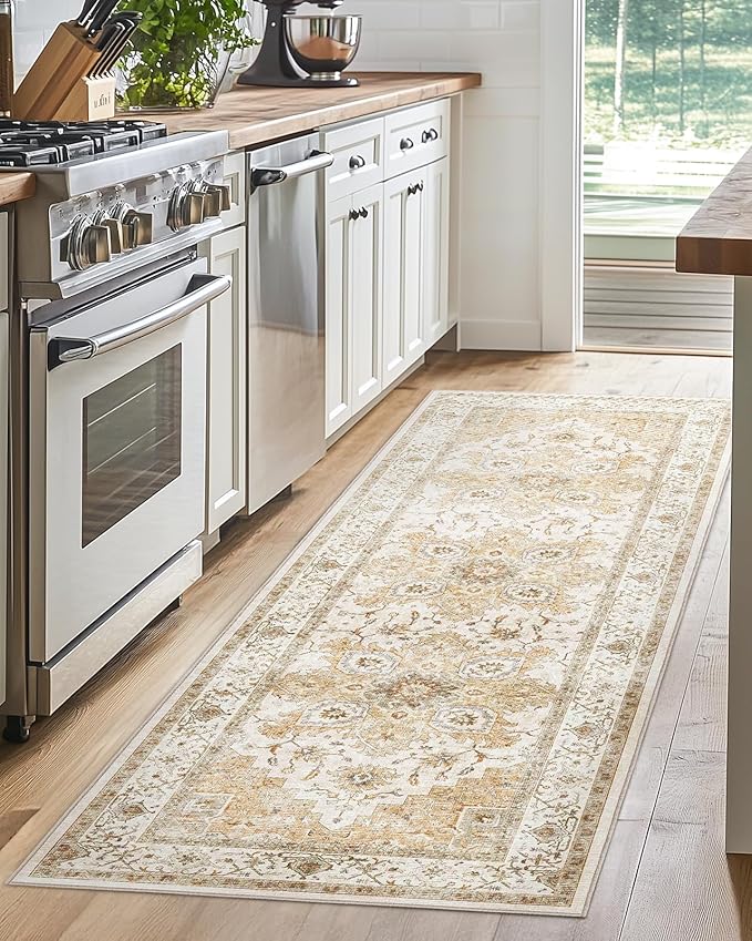 AMADA HOMEFURNISHING 2x6 Washable Runner Rug, Low-Profile Kitchen Rugs with Non-Slip Backing & Durable Edge Binding, Vintage Entryway Runner Rug for Bedroom & Hallway