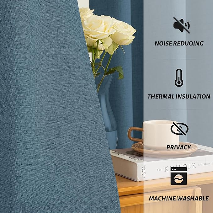 Yakamok Dusty Blue Linen Curtains 100% Blackout 90 Inches Long,Room Darkening Textured Curtains for Living Room Thermal Grommet Bedroom Curtain 2 Panels with White Liner