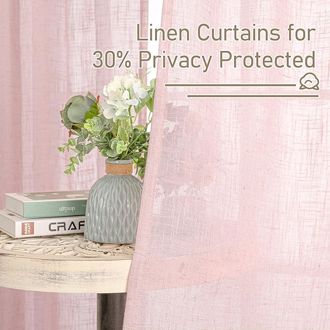 LAMIT 95 Inches Long Pink Linen Curtains for Living Room, Back Tab and Rod Pocket Semi Sheer Curtains Light Filtering Farmhouse Drapes for Bedroom/Dining Room, Set of 2, 52 x 95 Inch