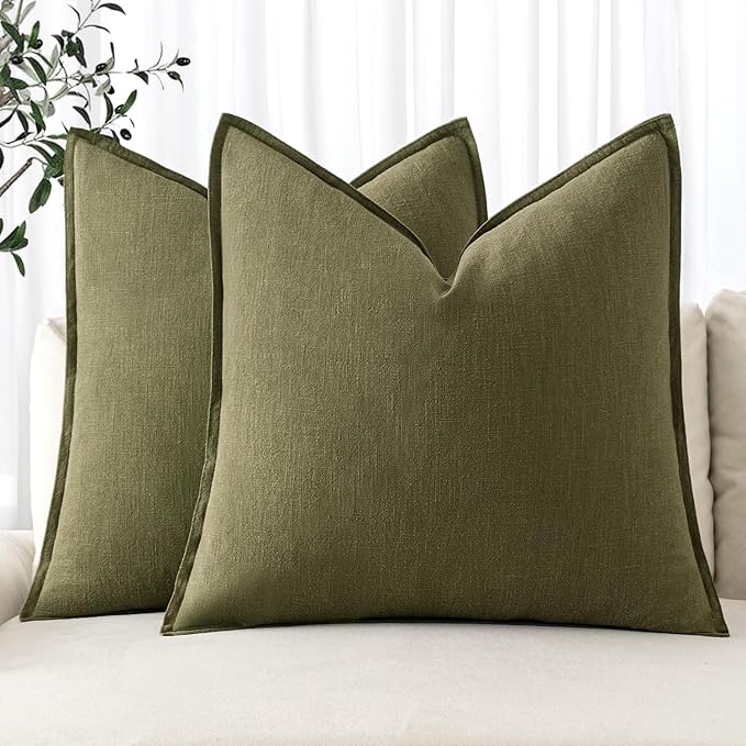 MIULEE Decorative Linen Euro Sham Pillow Covers 24x24 Inch Green Boho Farmhouse Neutral Couch Throw Pillows for Bed Pack of 2 Accent Outdoor Pillowcase Modern Sofa Cushion Livingroom Home Decor