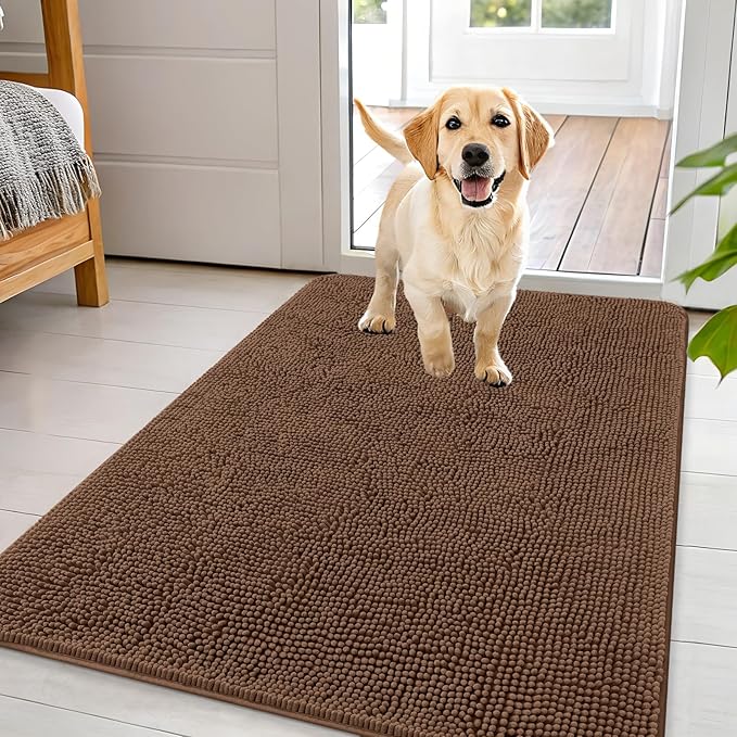 OLANLY Dog Door Mat for Muddy Paws 44x32, Absorbs Moisture and Dirt, Absorbent Non-Slip Washable Doormat, Quick Dry Chenille Mud Mat for Dogs, Entry Indoor Entryway Carpet for Inside Floor, Mocha