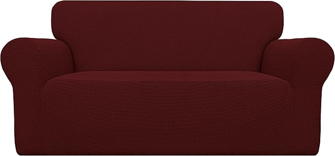 Easy-Going Stretch Loveseat Slipcover 1-Piece Sofa Cover Furniture Protector Couch Soft with Elastic Bottom for Kids Polyester Spandex Jacquard Fabric Small Checks (Loveseat, Wine)
