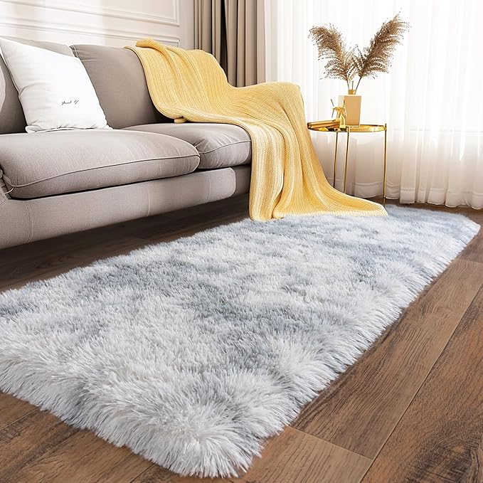 Ultra Soft Runner Rugs for Bedroom Hallways with Upgraded Non-Slip Rubber Backing & Thick Memory Sponge, 2x5 Feet Fluffy Shag Throw Area Rug for Bedside Dorm Tie-dye Light Grey