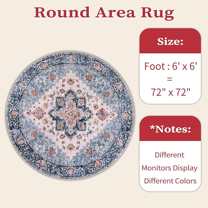 SERISSA Boho Round Area Rug, 6ft Washable Non-Slip Circle Rug, Ultra Soft Oriental Vintage Blue Orange Low-Pile Circular Carpet for Bedroom Entryway Kids Room Office College Dorm Living Room