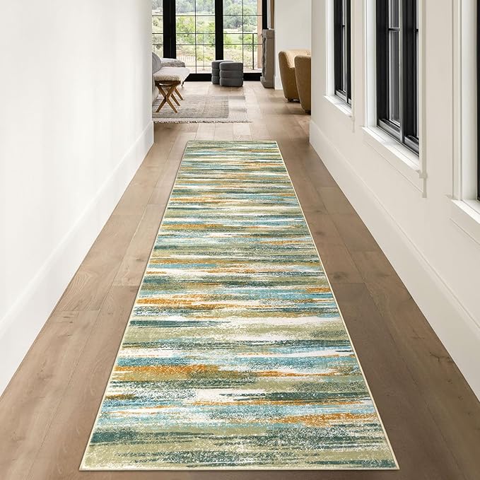 Lansny Modern Abstract Runner Rug 3x10, Green Teal Mustard Washable Kitchen Runner Non-Slip Soft Hallway Rug Runner Thin Print Faux Wool Carpet for Entryway Bedroom Indoor Home Office Decor