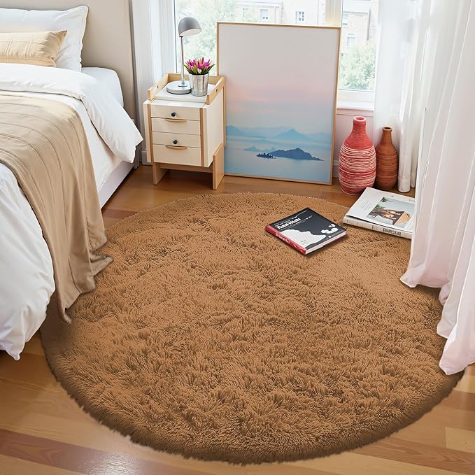 OLANLY Khaki Round Rugs for Bedroom - Machine Washable, 4 ft Circle Area Rugs for Living Room, Soft and Fluffy Shaggy Carpet for Teen Girl and Boys, Nursery Rooms, Dorms, Home Decor Aesthetic