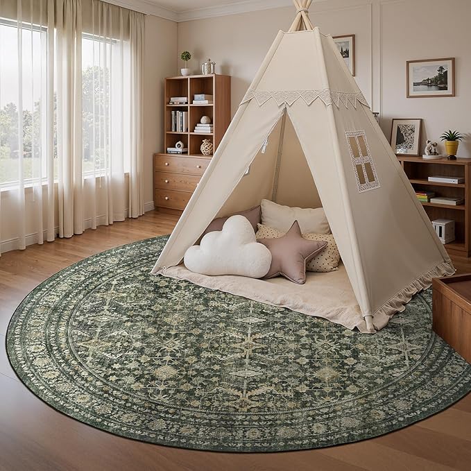 Lofus 8ft Area Rugs for Living Room, Green Washable Area Rug with Non-Slip Backing,Soft Boho Carpets for Bedroom Dining Room Home Office Indoor Nursery