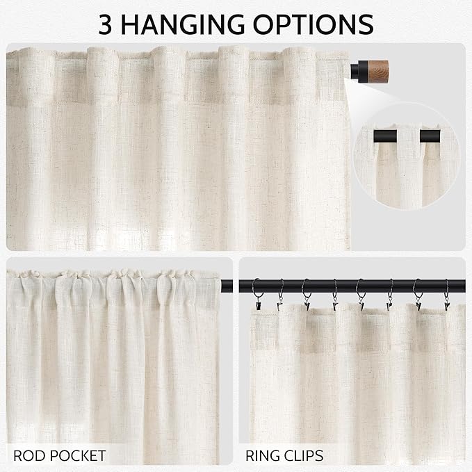 Nanspring Modern Linen Curtains 96 Inches Long for Living Room Light Filtering Semi Sheer Curtain Back Tab Neutral Luxury Modern Farmhouse Decor Linen Blend Drapes for Bedroom 52x96, 2 Panels
