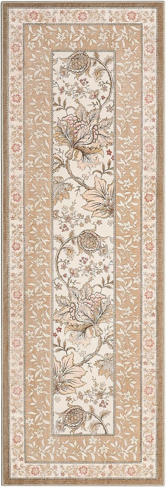 GarveeHome Provence 2x6 Washable Kitchen Runner Rugs Non Slip Vintage Boho Cottage Long Rug for Hallways Bedroom Entryway Bathroom Mat with Rubber Back Pinkish Brown