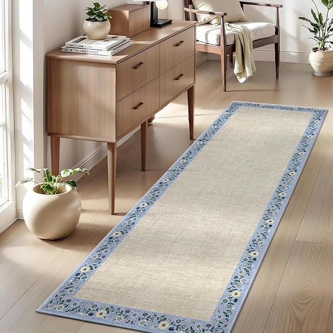 GarveeHome Entryway Rug 2x6 Modern Bordered Runner Rug Washable Kitchen Runners for Hallway Non-Slip Low-Pile Soft Carpet Floral Print Bathroom Mat for Bedroom Laundry Room, Beige