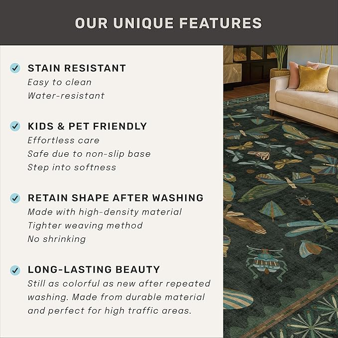 Hazo Haus Dark Green Insect Area Rugs 8x10 for Living Room, Dining Room Under Table, Bedroom, Unique Washable Floral Non Slip Low Pile Soft Rug