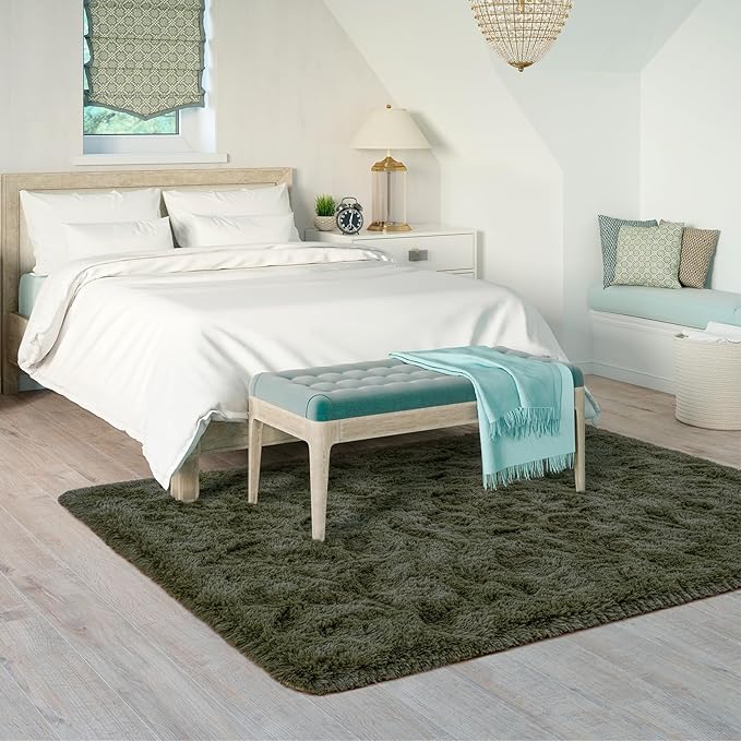Goideal Fluffy Rug for Bedroom Living Room, 5x7 Olive Green Area Rugs, Faux Fur Shag Modern Carpet Ultra Soft Girls Boys Room Home Decor, Solid